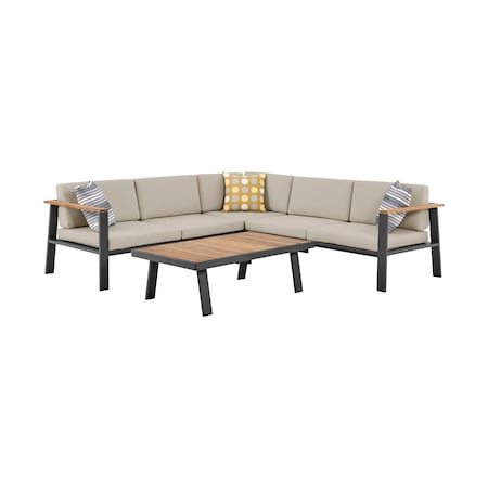 Armen Living Nofi Outdoor Patio Sectional Set in Charcoal Finish with Taupe Cushions and Teak Wood SETODNOSEBE